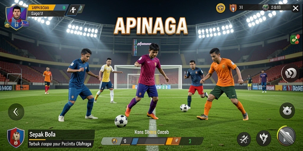 Screenshot utama APINAGA menunjukkan momen menegangkan dalam pertandingan sepak bola.