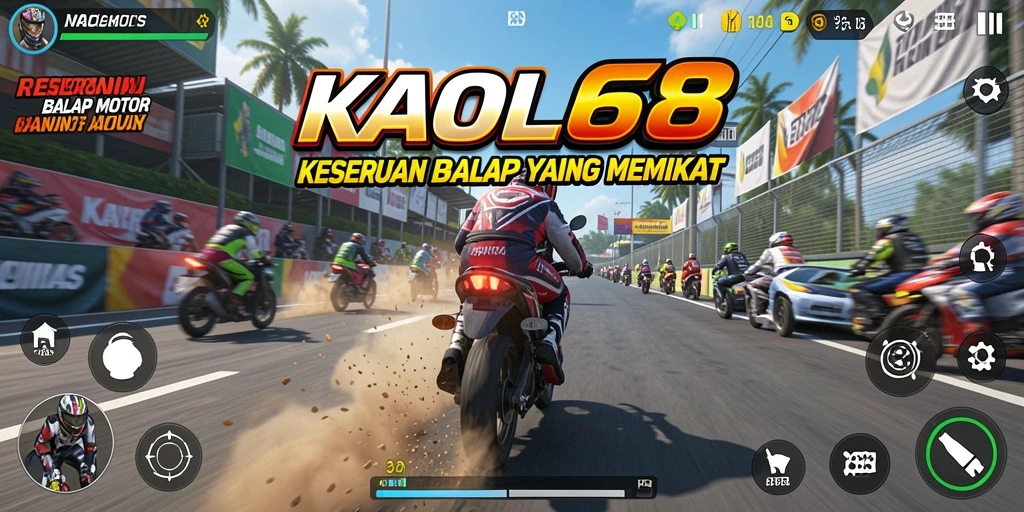 Screeenshot KAOL68 menampilkan aksi balapan motor yang mendebarkan.